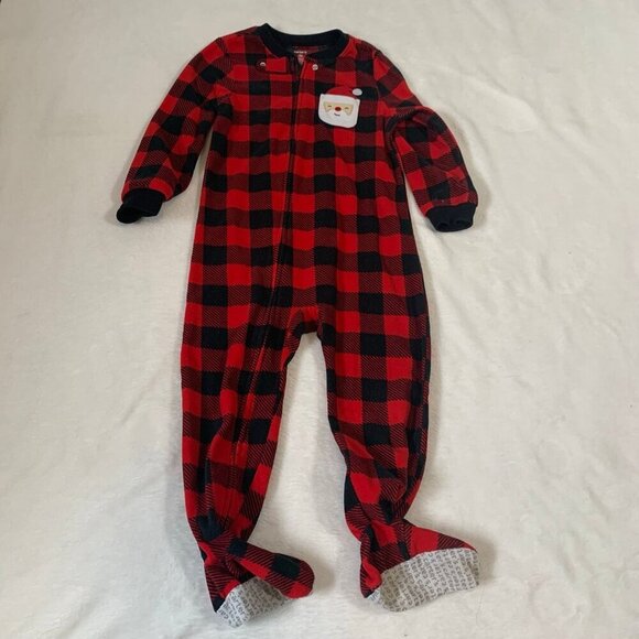 5/$25 Carter's Santa red black buffalo plaid fleece zipper pajamas footies pjs - Picture 1 of 5